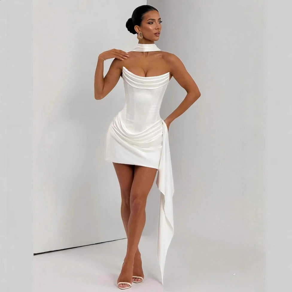 Suninheart Strapless Satin Corset with Scarf - White Draped Mini Cocktail Dress for Women C260312
