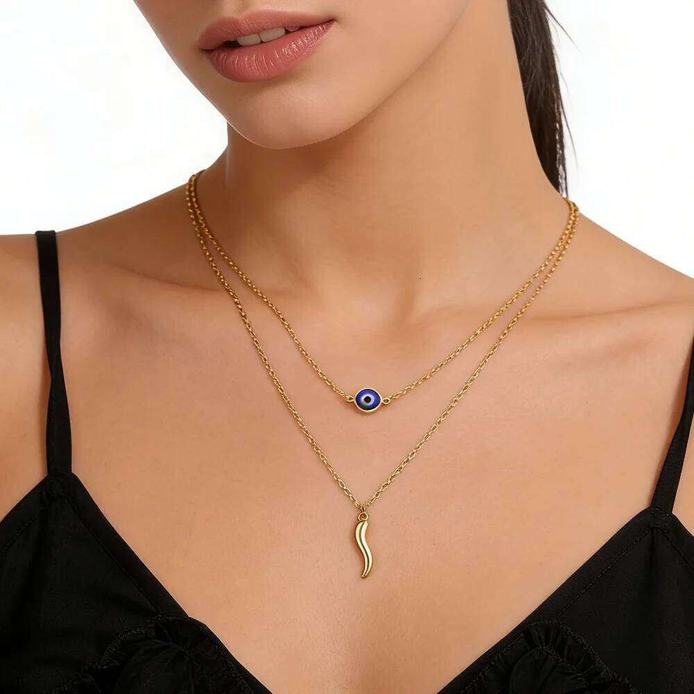Evil Eye Italian Horn Necklace Stainless Steel Gold Color Double Layer Necklaces Good Luck Protection Jewelry Gift for Women 25H1224