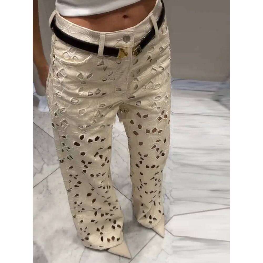 Hole Women's Jeans Fashion Flower High Waist Hollow Out Loose Female Solid Denim Trousers 2025 Spring Summer New Streetwear Pant X251224
