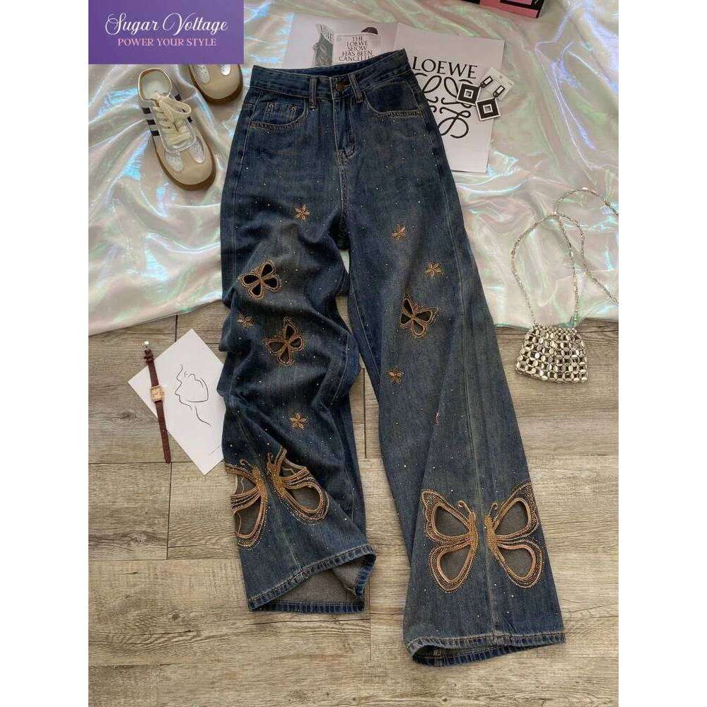 Butterfly Rhinestone Jeans Women Y2K Summer High Waist Wide Leg Straight Pants Distressed Hollow Out Loose Fit Denim Trousers X251224
