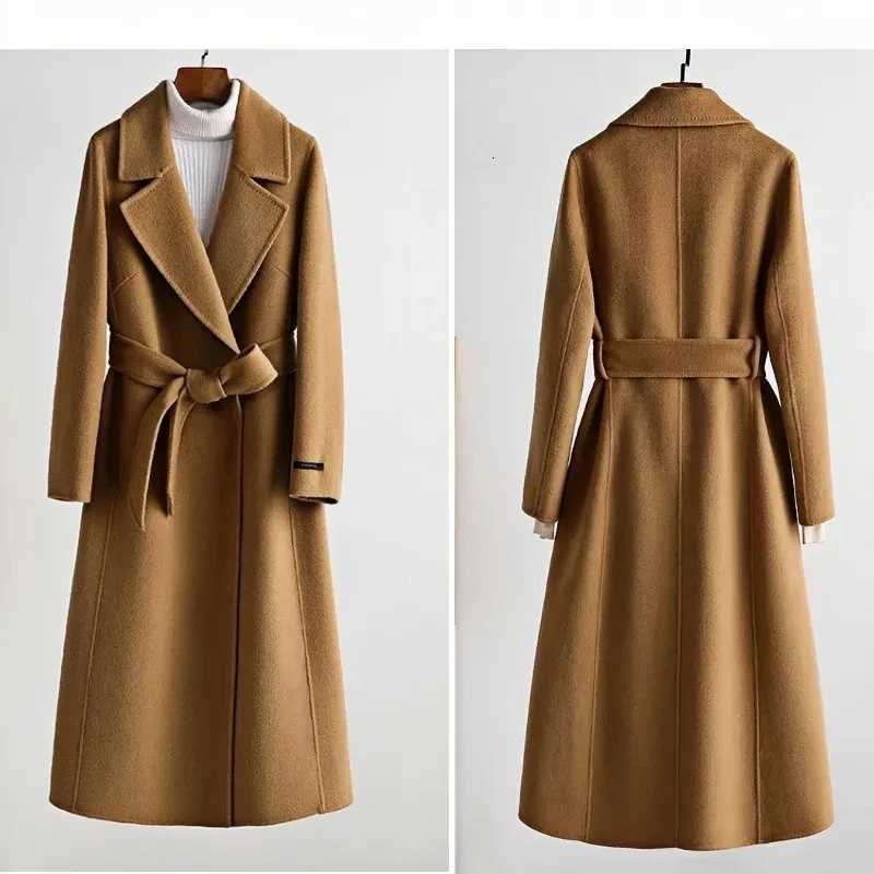 Fashion Autumn Winter New High-end Woolen Coat For women Medium long style Suit collar Slim Thicken Wool Coats With beltT251224