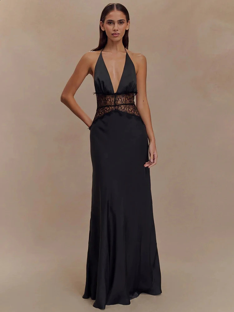 Mozision Summer Backless Sexy Maxi Women Gown Patchwork Lace Halter Deep V Neck Sleeveless High Waist Elegant Long Dress 251223 C260311