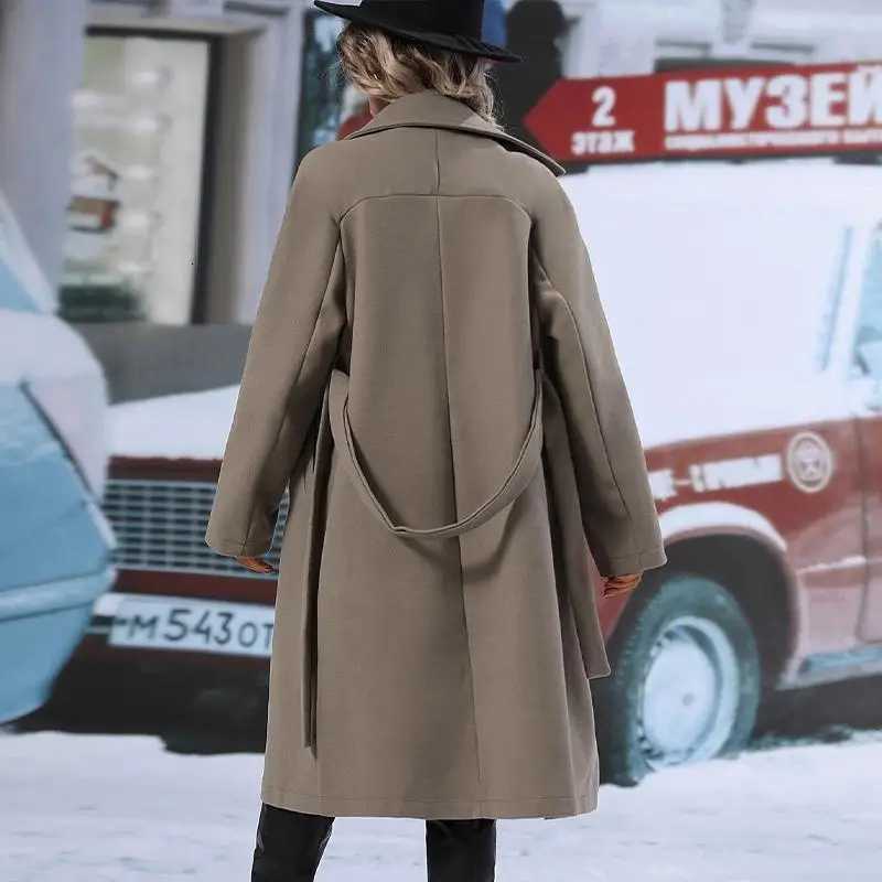 Women Long Wool Blend Coats Female Turn Down Collar Thick Long Double Breasted Button Trench Overcoat JYFS-9238T251224