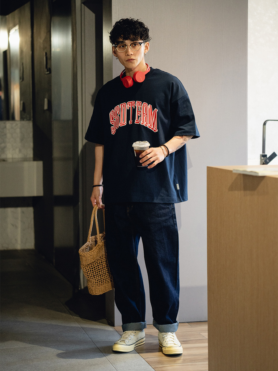 Japanese-style workwear 14OZ unbleached denim wide-leg loose-fitting men's jeans with deep hems Z251104