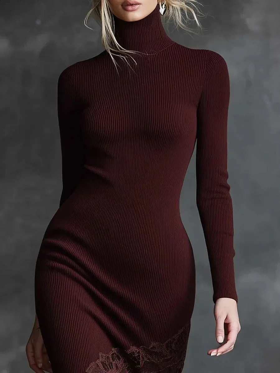Spring Autumn Women Sexy Lace Splicing Comfortable High Neck Slim Fit Long Sleeve Evening Wine Red Maxi Dress 251223 C260311