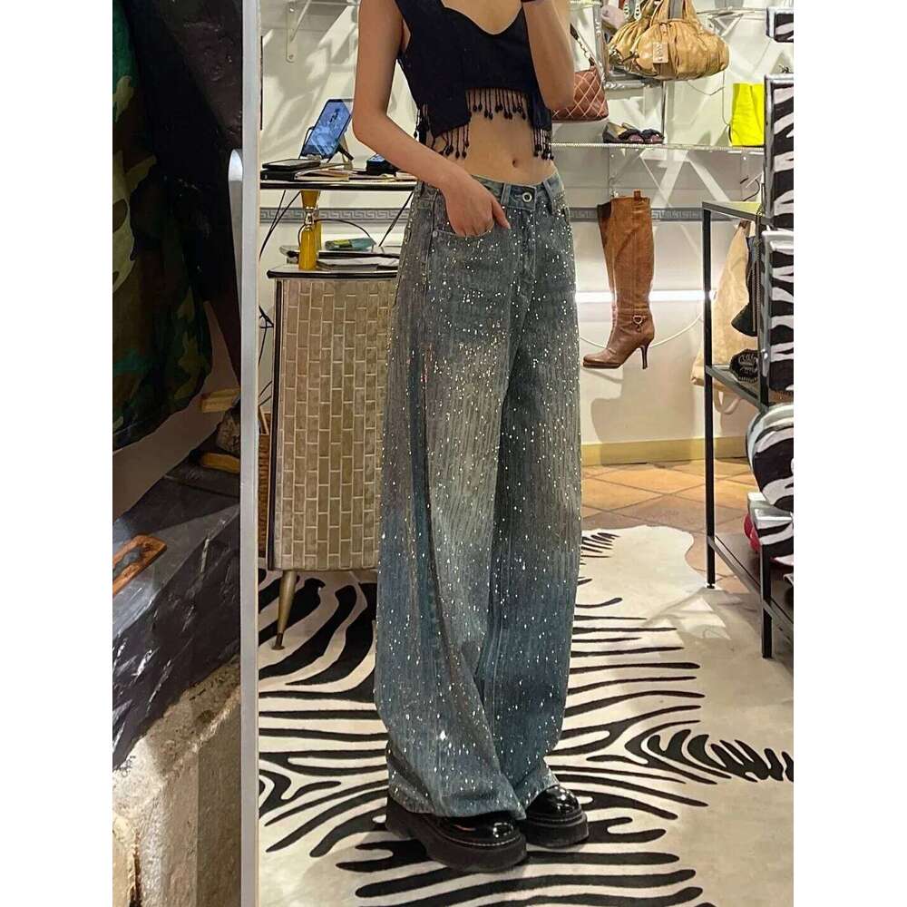 Women's Y2k Baggy Harajuku Vintage Rhinestone Denim Trousers Japanese 2000s Style Oversize Wide Jeans Long Pants Clothes X251224