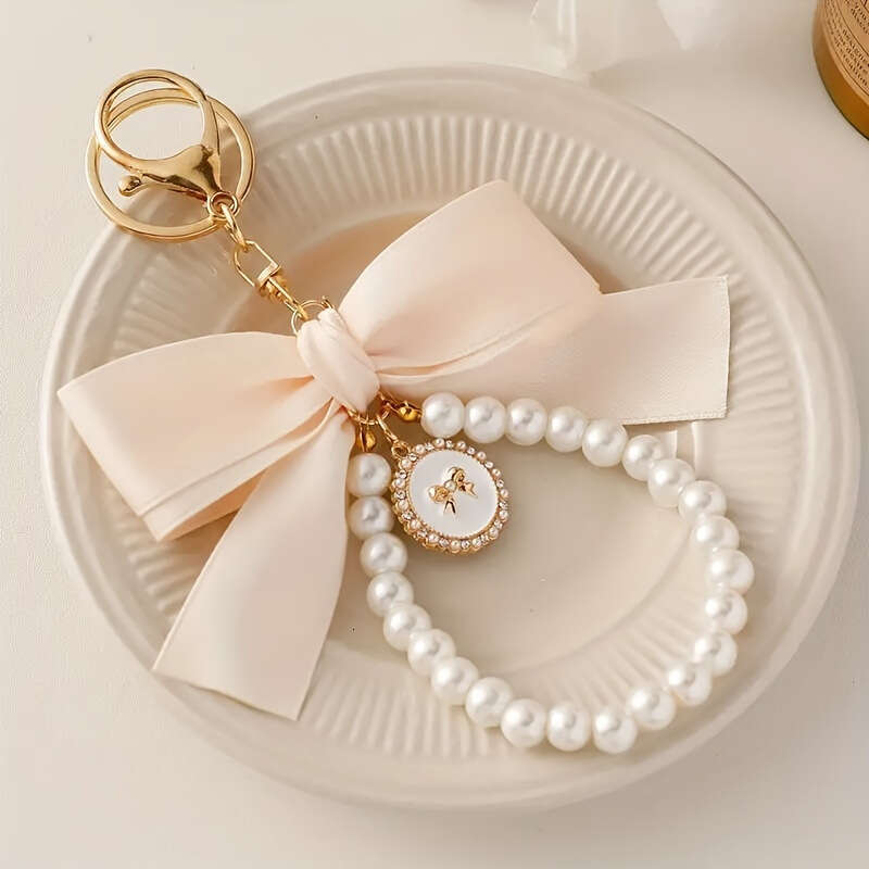 Large Bowknot Pearl Keychain Pendant Creative Colorful Ribbon Cloth Knot Accessories Earphone Case Bag Accessory