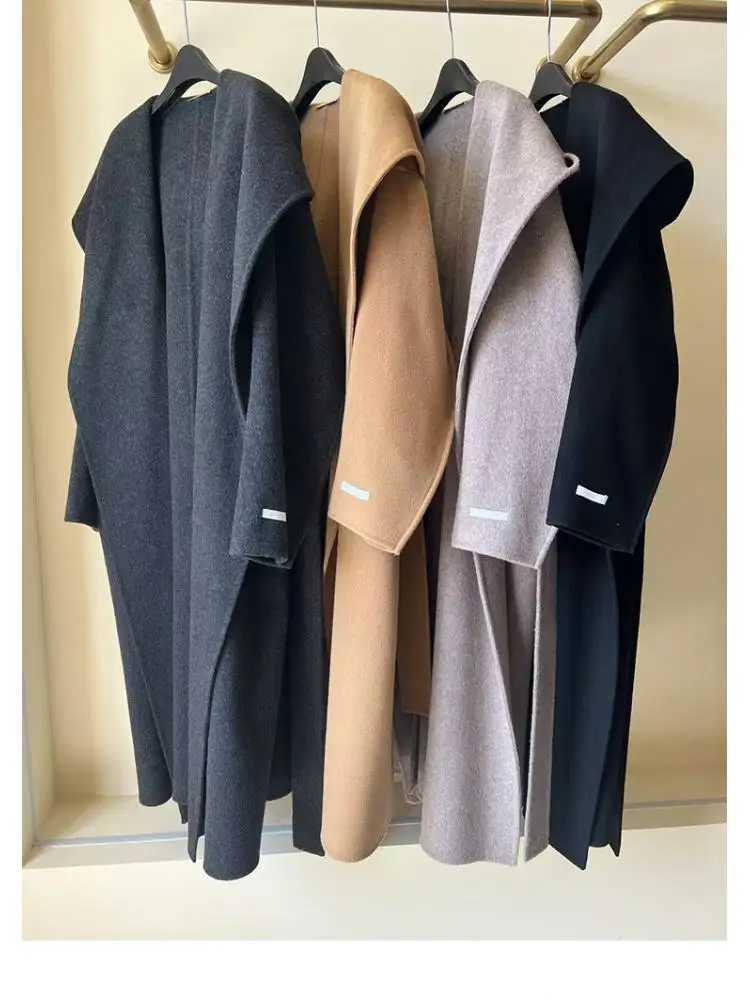 Office Lady Cashmere Woolen Blended Hooded Jackes 2025 Autumn And Winter Loose Bathrobe Lace-Up Tie Womens Long Wool CoatsT251224