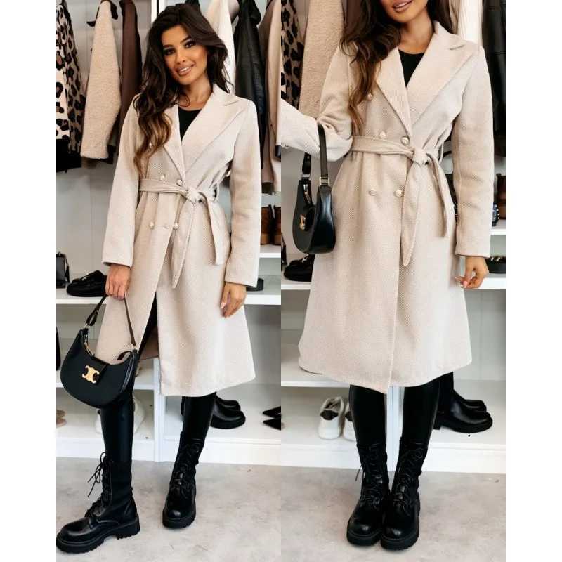 Womens Woolen Coat Autumn Winter Vintage Elegant Double Breasted Trench Coat Women Brown Long Sleeved Midi Windbreaker JacketT251224