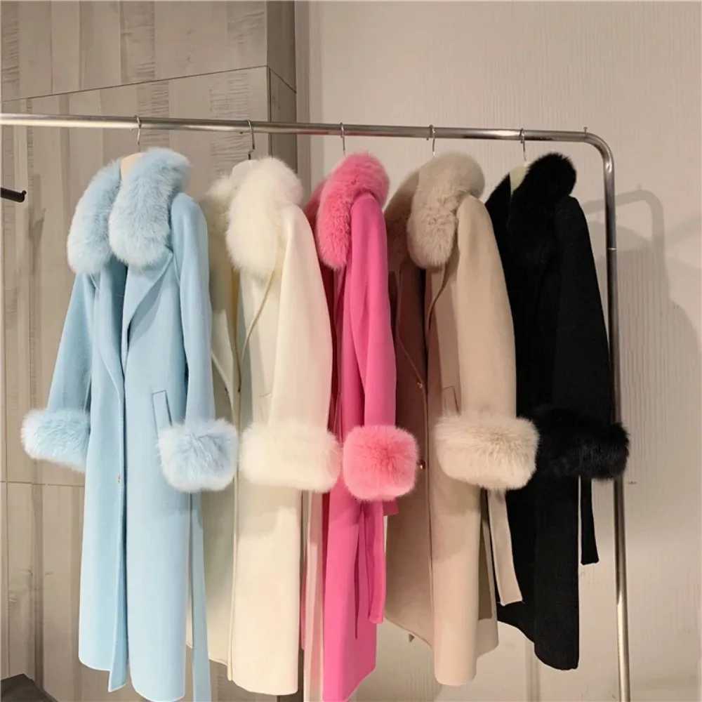 Long Woolen Jacket 2024 Women Big Real Fox Fur Collar Fashion Winter Cashmer Blended Coat Double Breasted Belt Outwear CuffsT251224