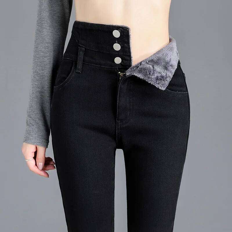 Thermal Winter Fleece High-waist Warm Skinny Thick Women Stretch Button Pencil Pants Mom Casual Velvet Jeans X251224