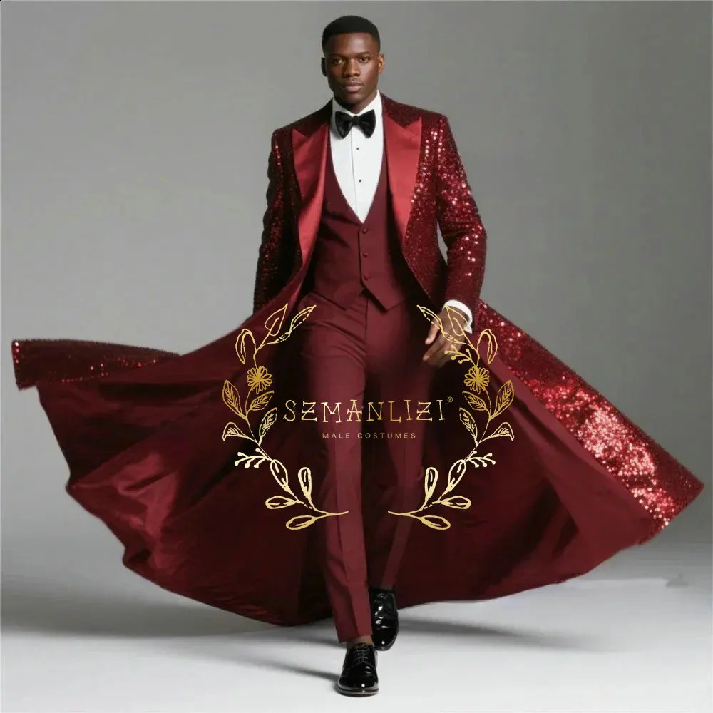 Burgundy Shiny Sequin Suits Men 3 Pieces Sets Single Breasted Groom Long Blazer Costume Homme Wedding Tuxedo Male Clothing 251223