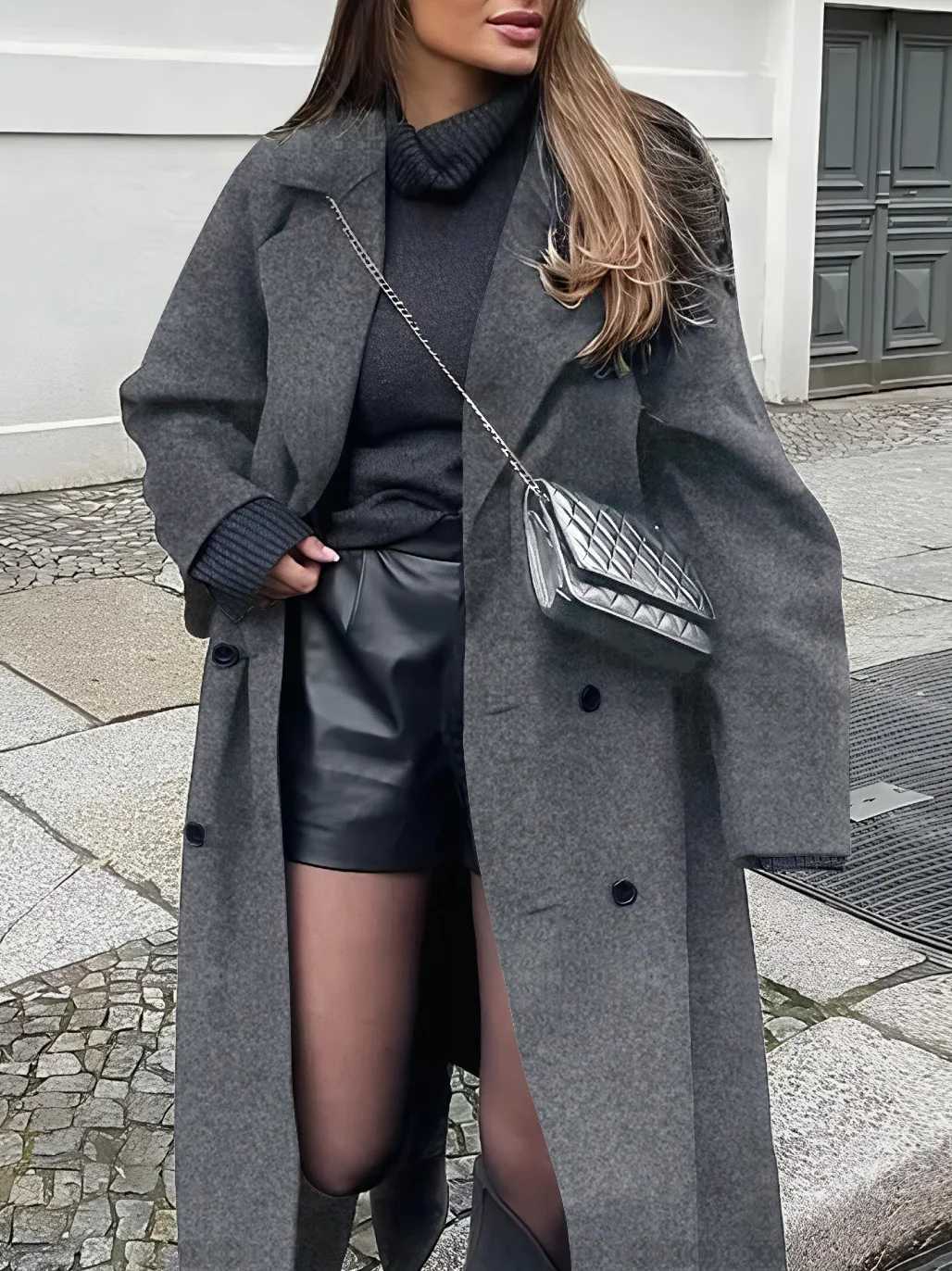 Womens Long Woolen Coat Casual Loose-Fitting Overcoat with Double Button Front Fall Winter Fashion Outerwear for WomenT251224