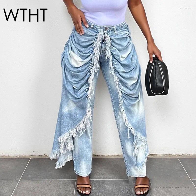 Women's Jeans WTHT Trendy Women Wrinkled Burr Edge Design Straight 2025 Winter Fashion High Waist Casual Denim Pants Female 1LS2770