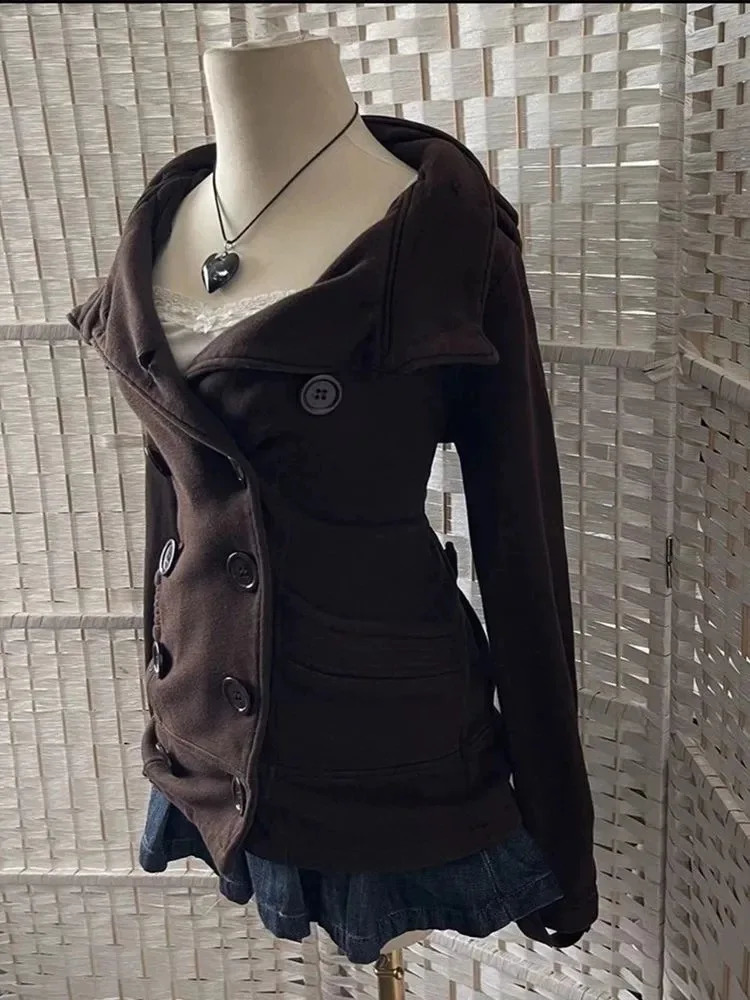French Vintage High Street Hooded Coat Women Fashion Slim Double-breasted Jacket Aesthetic Fit Chic Retro Y2k Outfit 251223