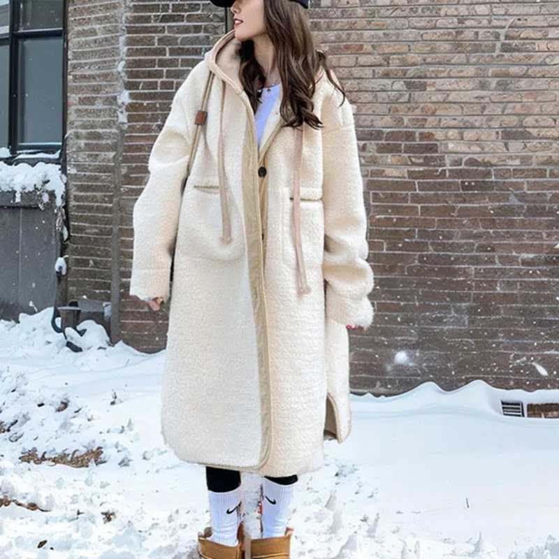 Hooded Wool Coats Women Autumn Winter Thicken Korean Style Casual Lambswool Loose Simple All-match Streetwear Patchwork ElegantT251224