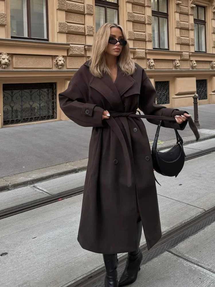 Fashion Woolen Women Coat With Belts Elegant Solid Double Breasted Turn-down Collar Lady Long Jacket 2024 Autumn Vintage OutwearT251224