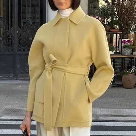 Lace Up Autumn Womens Woolen Jacket Yellow Turn Down Collar Pockets Long Sleeve Outwear For Female Elegant Sweet Ladys CoatT251224