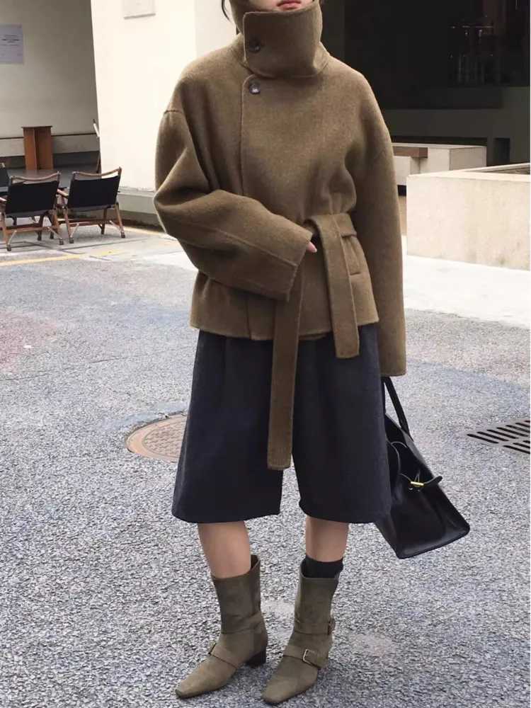 DFDG 2025 Fall Winter Womens Handmade Wool Coat Double-Faced Belted Cropped Jacket Oversized Stand Collar Designer OuterwearT251224