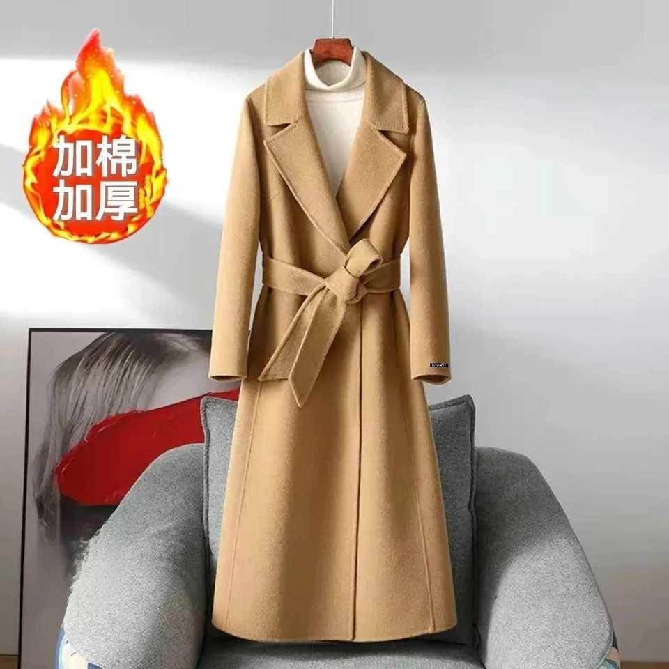 Fashion Autumn Winter New High-end Woolen Coat For women Medium long style Suit collar Slim Thicken Wool Coats With beltT251224