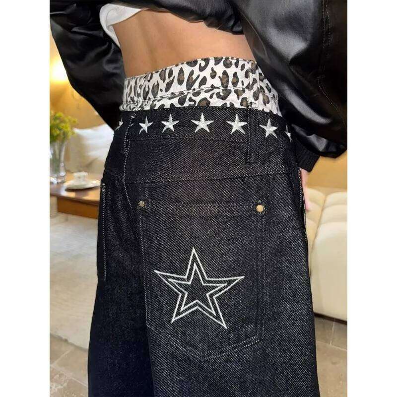 Harajuku American oversized leopard print waist splicing high waisted jeans women y2k hot girls niche star wide-leg pants 22ss X251224