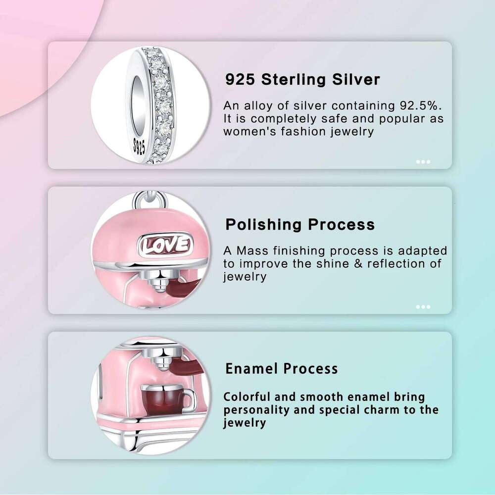 925 Sterling Silver Pink Coffee Machine Love Pendant Charm Fit Original Charms Bracelets Women DIY Jewelry Gift X251224