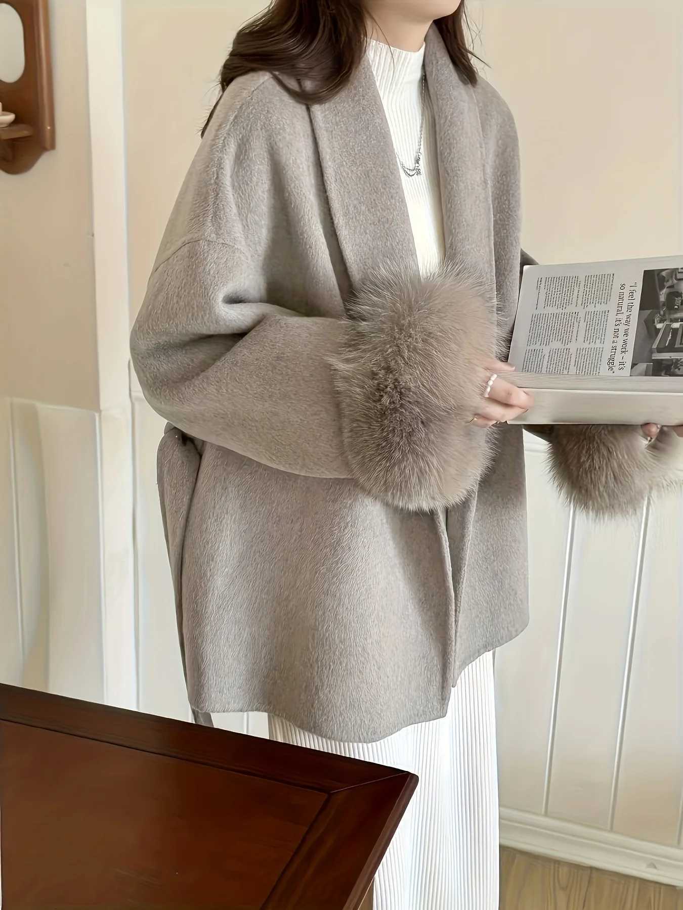 Elegant Directed Womens Autumn Winter New Double-Sided Blended Faux Fur Splicing Long Sleeve Warm Elegant CoatT251224