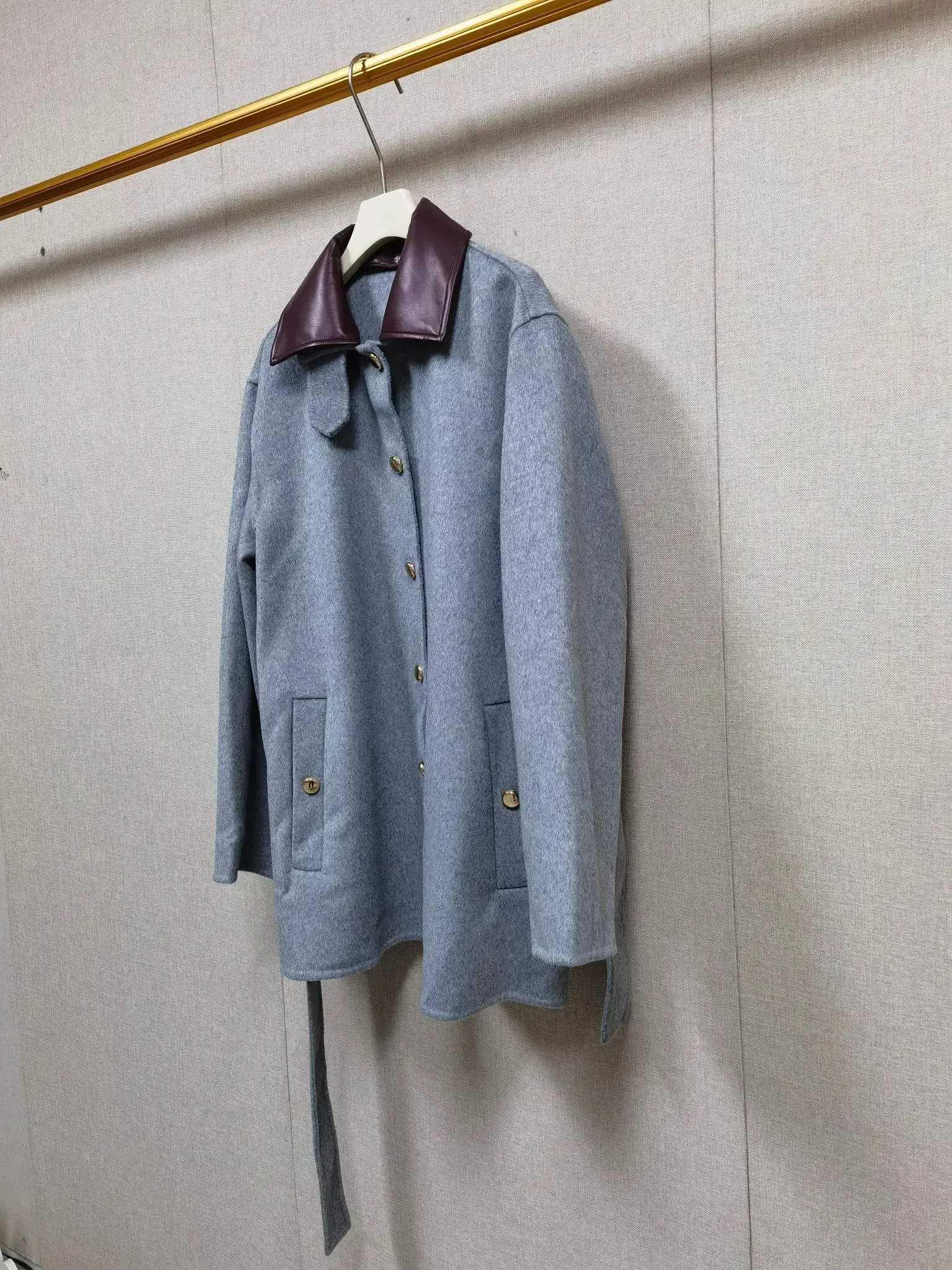 Gray Womens Lace-up Coat Detachable Collar Double-sided Woolen Single Breasted 2025 Autumn Winter Lady JacketT251224