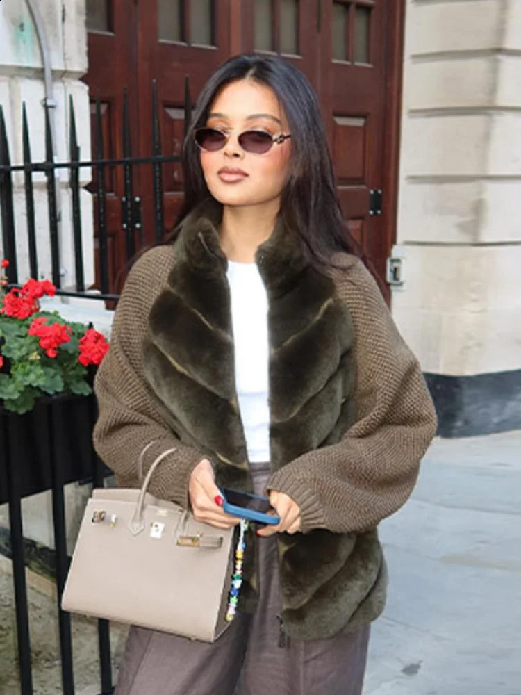 Patchwork Fur Knitted Cardigan Women Stand Collar Zipper Long Sleeve Fluffy Coat High Street Fashion Autumn Winter 2025 Sweater 251213 - view 3
