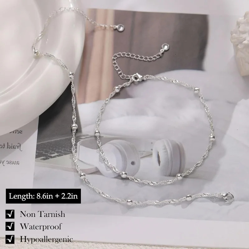 Waterproof Gold Silver Ankle Bracelets for Women 14K Gold Plated Stainless Steel Double Layered Twist Beaded Anklets for Girls 251219