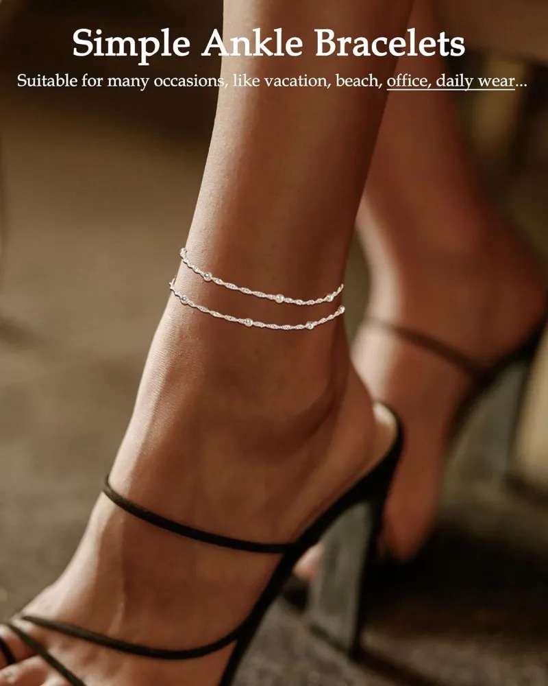 Waterproof Gold Silver Ankle Bracelets for Women 14K Gold Plated Stainless Steel Double Layered Twist Beaded Anklets for Girls 251219
