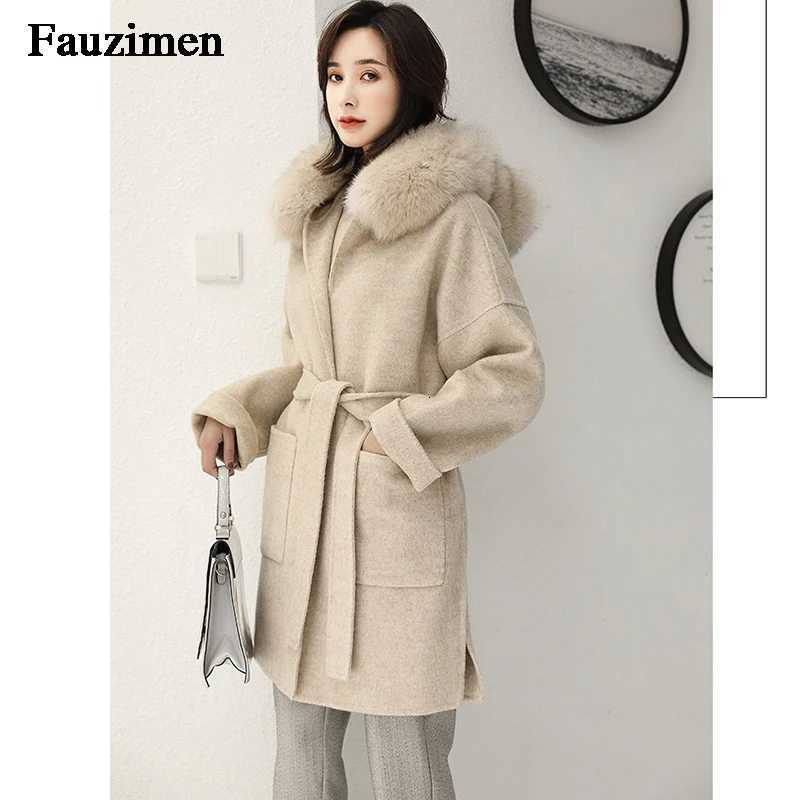 Cashmere Jacket Women Ladies Hand Made Women Fox Fur Collar Wool Coat Casual Winter Wool Jacket Woolen Overcoat Cashmere CoatT251224