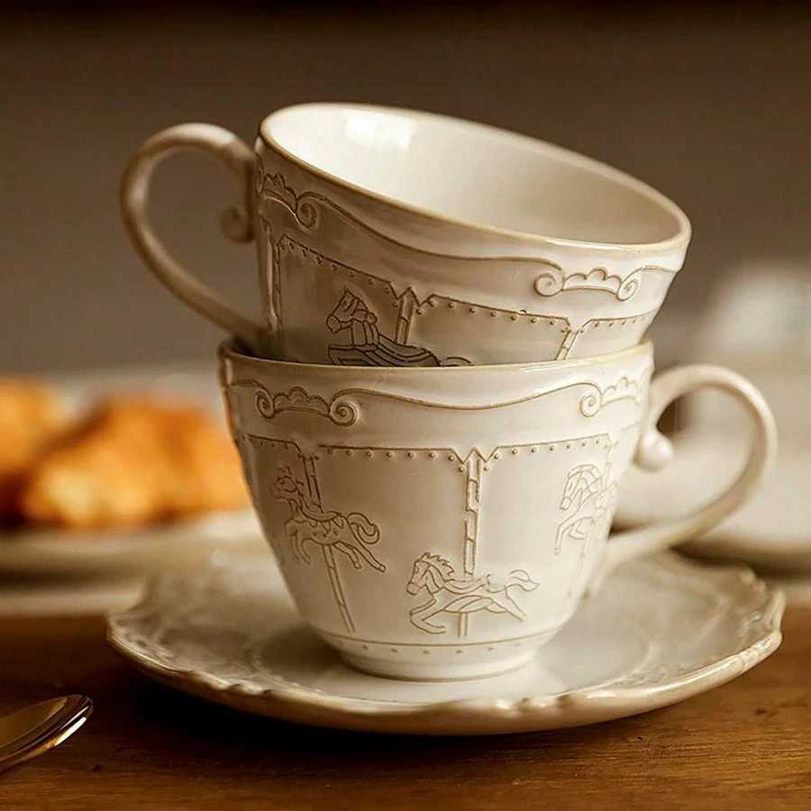 Nordic Style White Ceramic Coffee Cups Set Carousel Design Cups Set with Teapot with Plate Breakfast Milk Cup Excellent Gift C251224 - view 6