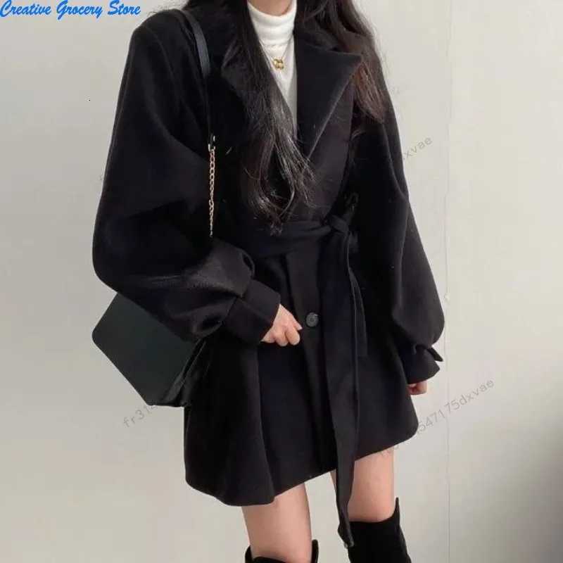 Korean Version Autumn and Winter Loose Style Coat Womens Woolen Suit Collar Medium and Long Small Woolen Coat WomenT251224