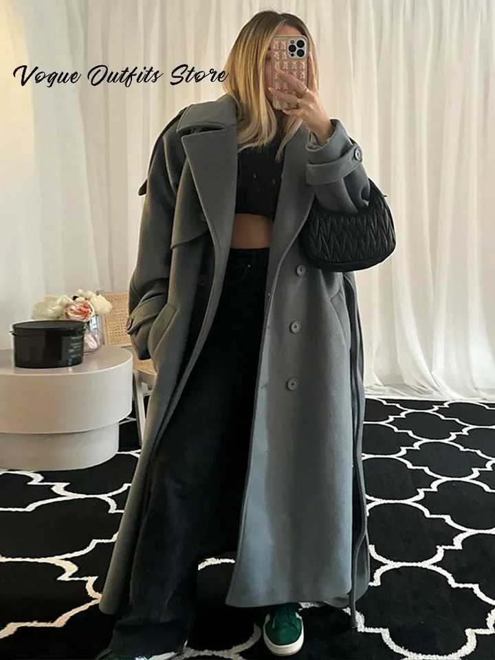 Chic Lace Up Long Woolen Coat Women Gray Double Breasted Lapel Full Sleeve Pocket Coats 2025 Autumn Winter Lady Street OutwearT251224