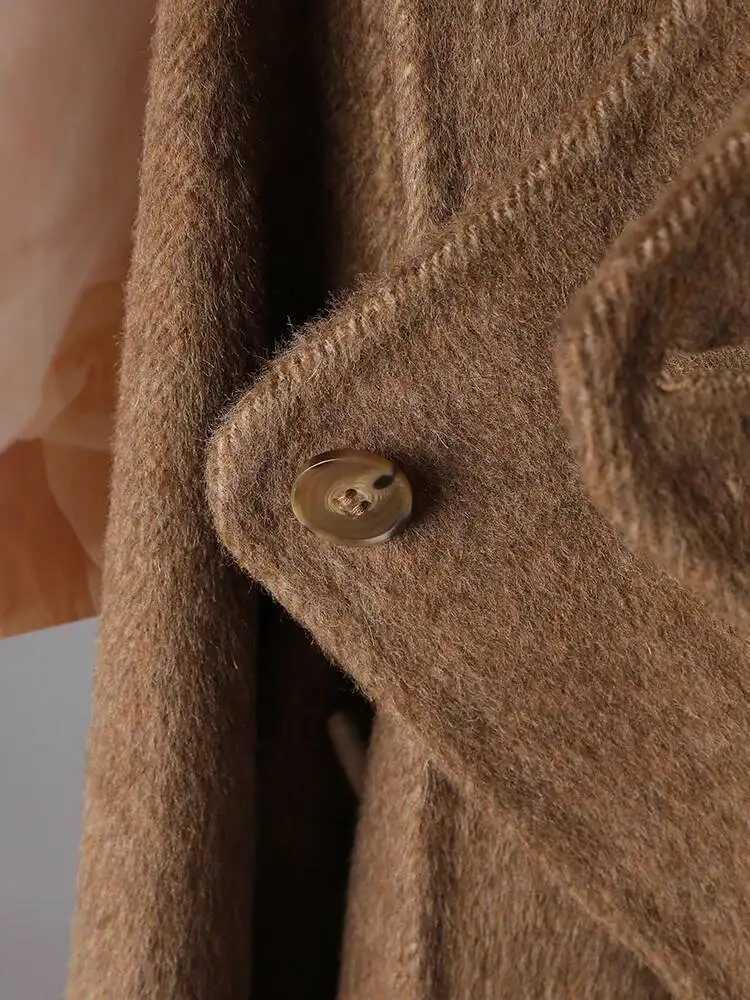 EWQ Brown Woolen Overcoat Office Trendy Women Scarf Collar Long Sleeved Long Outerwear Double-faced Cashmere Coat 2025 AutumnT251224