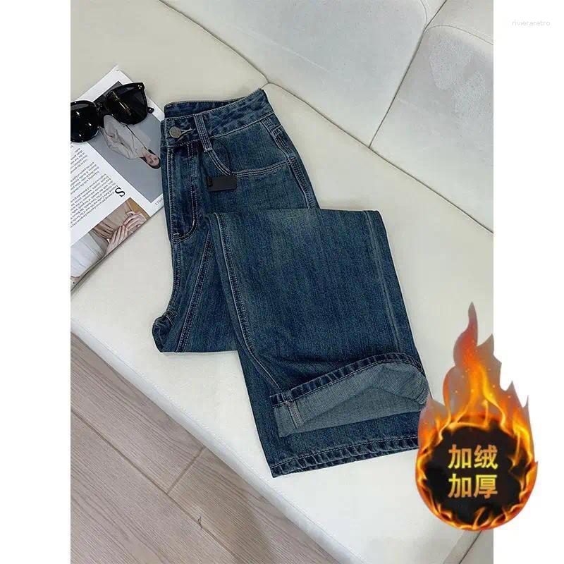 Women's Jeans 2025Women Dark Blue Fleece Lined Thickened Warm Denim Pants With Fashion Pocket Design Casual Straight Leg Winter Trousers Z260313
