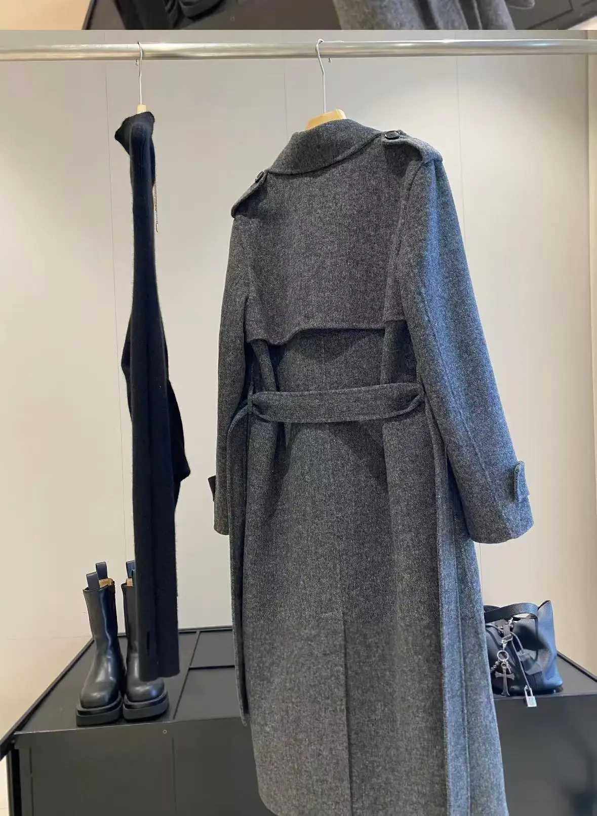Original Grey 2025 Womens new style wool blend woolen coat with belt double-sided fleece long woolen coatT251224