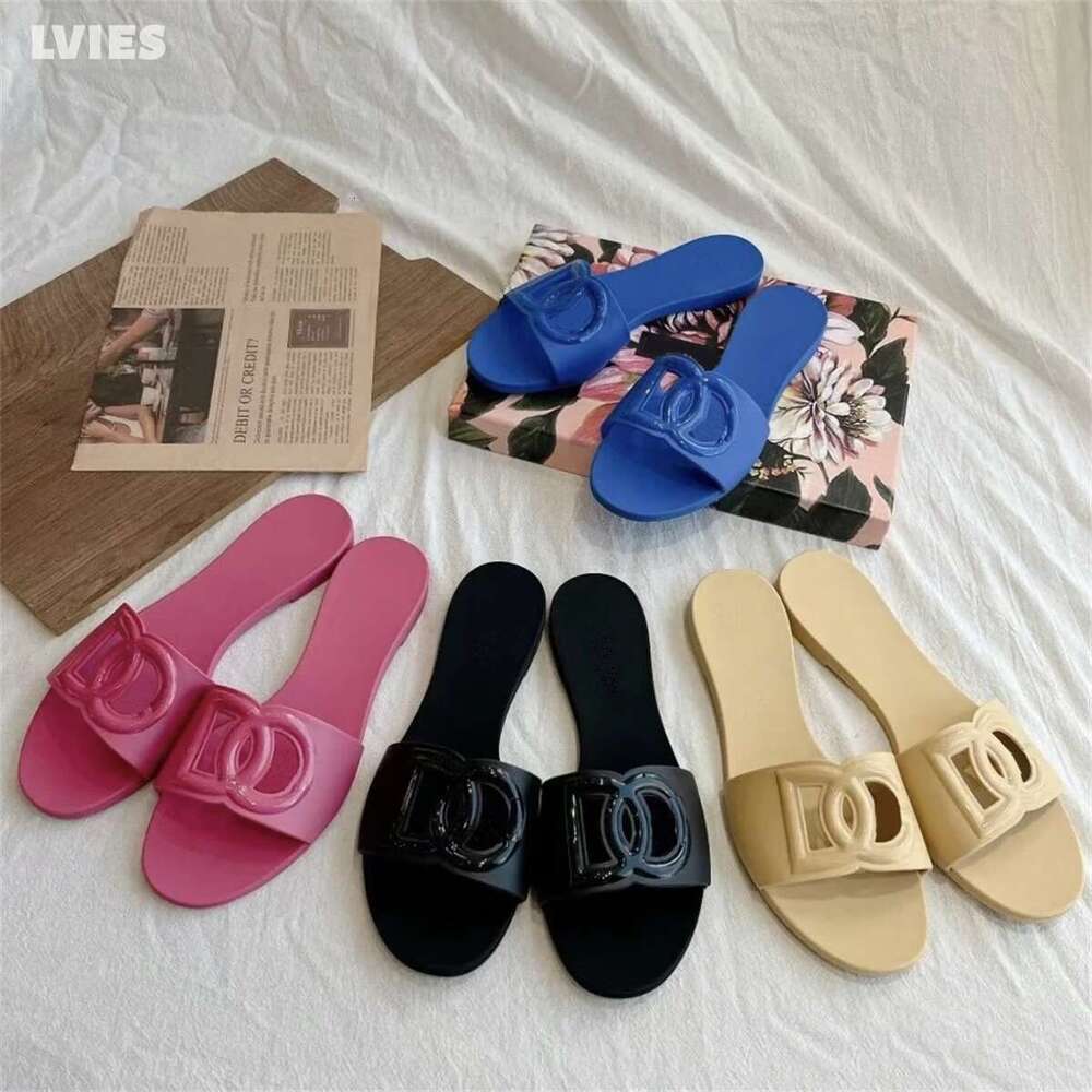 designer sandals women interlocking slides rubber slippers ladies flat sandals beach jelly sandals DG blue summer fall outdoor waterproof slippers size 35-42