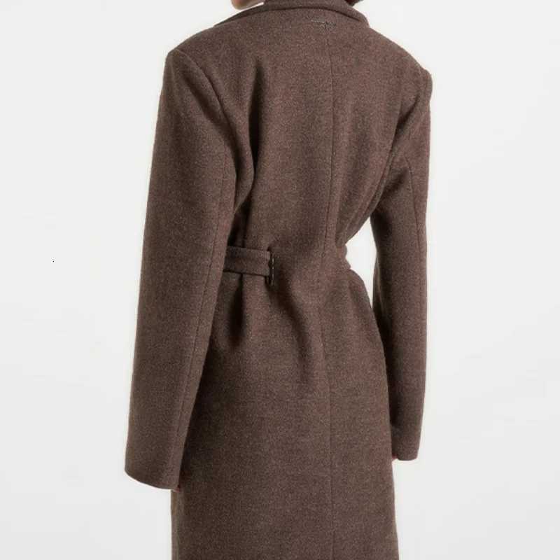 Vintage Long Woolen Blend Overcoats for Women Lapel Full Sleeve Maxi Coat with Waistbelt Shoulder Pad Jacket New Winter OutwearsT251224
