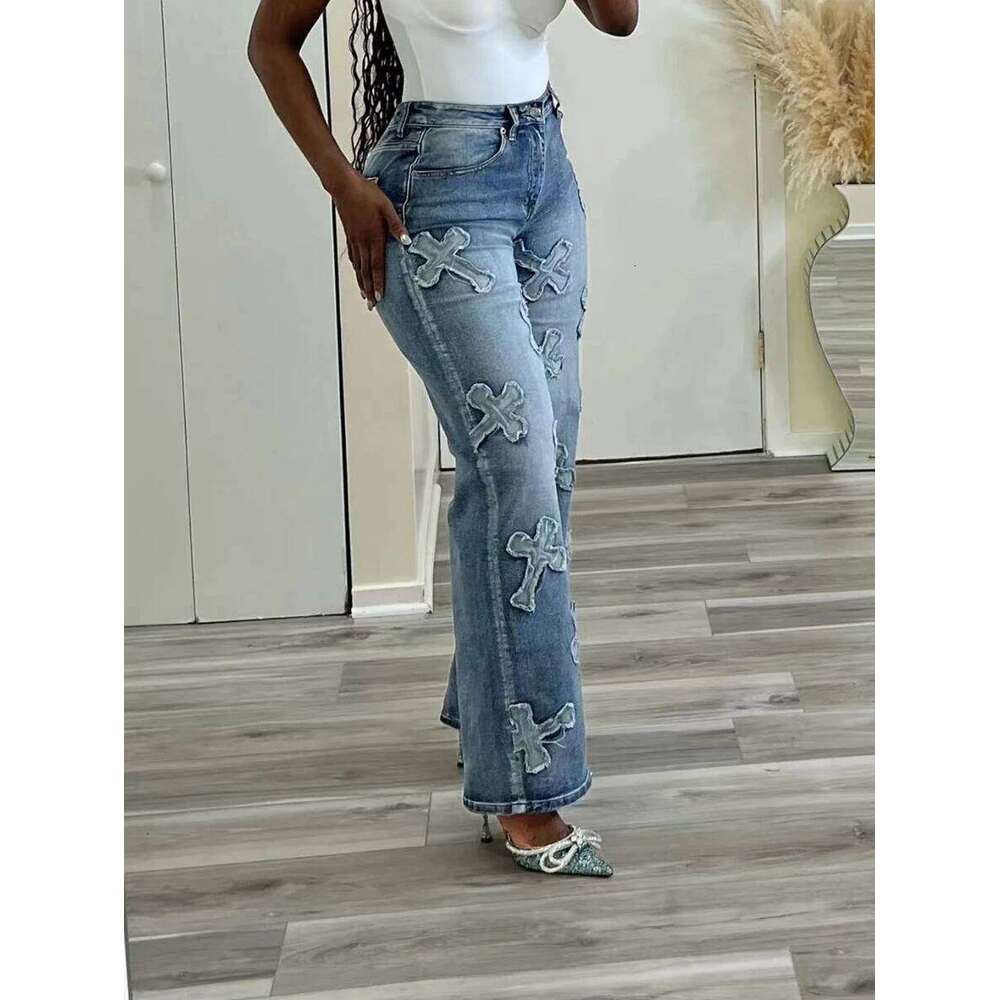 Women's Fashion Spring and Autumn New Vintage Washed Denim Tassel Cross Hip-hop Straight Leg 9-inch Pants X251224