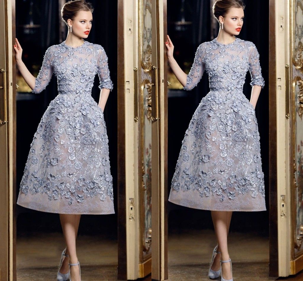 Modest Blue Half Sleeve Short Mother Dresses 3D Floral Appliques with Beading Pearls Prom Evening Party Gowns Ellie Saab Formal Dresses D24