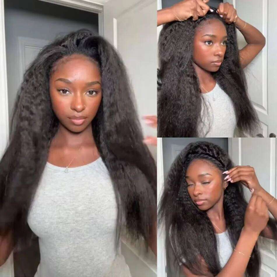 250% Long Yaki Kinky Straight Wigs Human Hair Flip Over 3 In 1 Upgrade Adjustable 3/4 Half Wig Drawstring Beginner Friendly