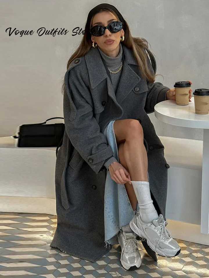 Chic Lace Up Long Woolen Coat Women Gray Double Breasted Lapel Full Sleeve Pocket Coats 2025 Autumn Winter Lady Street OutwearT251224
