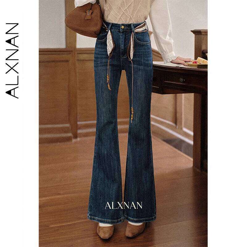 ALXNAN Vintage Blue Flared Women's High-waist Slim-fit Cotton Denim Jeans 2025 Autumn Winter Casual Female Pants L57012 X251224