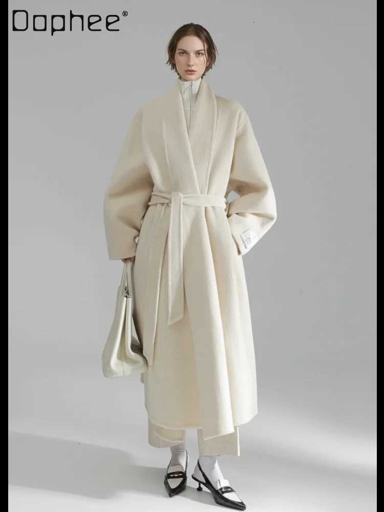 Commuter Style Temperament High-end Double-sided Woolen Jacket Korean Ins Fashion Lapel Long-sleeved Belt Slim Long Wool CoatT251224