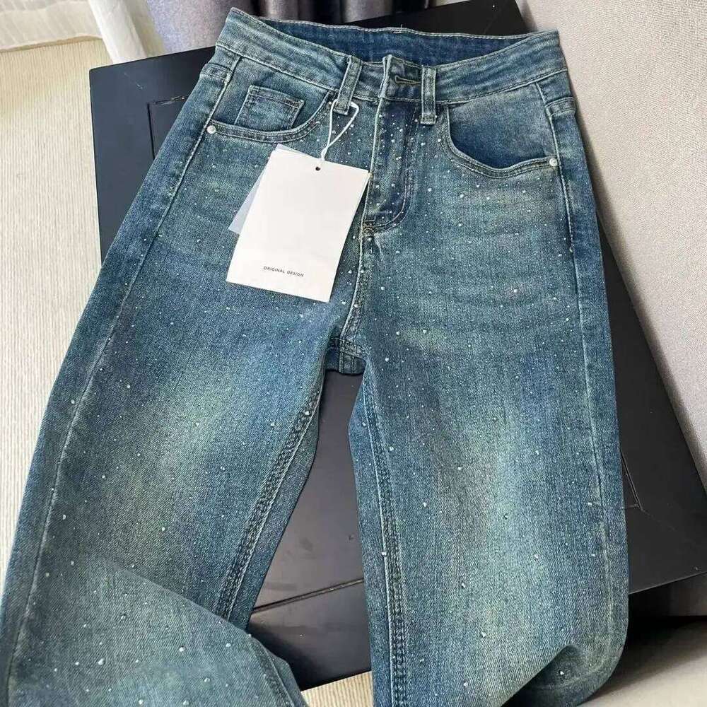 Retro Washed Diamond-encrusted Jeans Women's Spring Design Sense High-waisted Straight-leg Loose Wide-leg Mopping Pants X251224