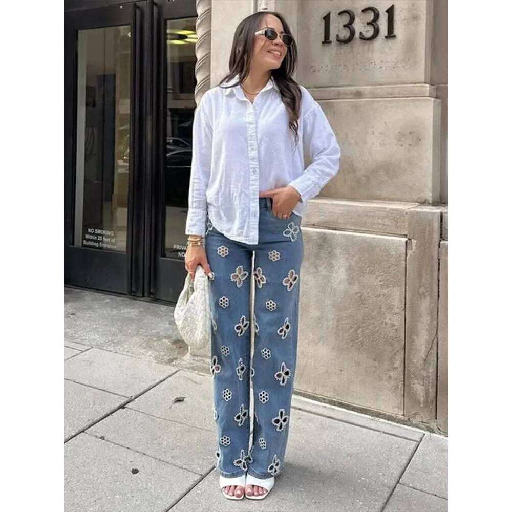 Chic Pearl Flower Cut Out Denim Jeans Pant Women's High Waist Wide Leg Trousers Y2K Style Summer Streetwear Party Casual Pants X251224