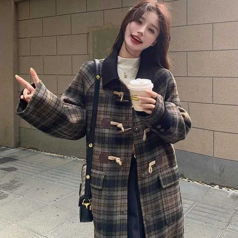 Vintage Plaid Midi Woolen Coats Women Winter Quilted Elegant Preppy Horn Buttons Outwear French Loose Casual Student Simple TopsT251224