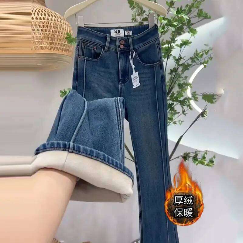 Women's Winter 2025 New Style Flared Pants Retro Blue Thickened Fleece Lined High Waist Jeans for Petites X251224